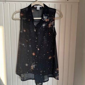 Sans Souci Sleeveless Celestial Sheer Blouse W/ Gold Spike Button Cosmic Starry
